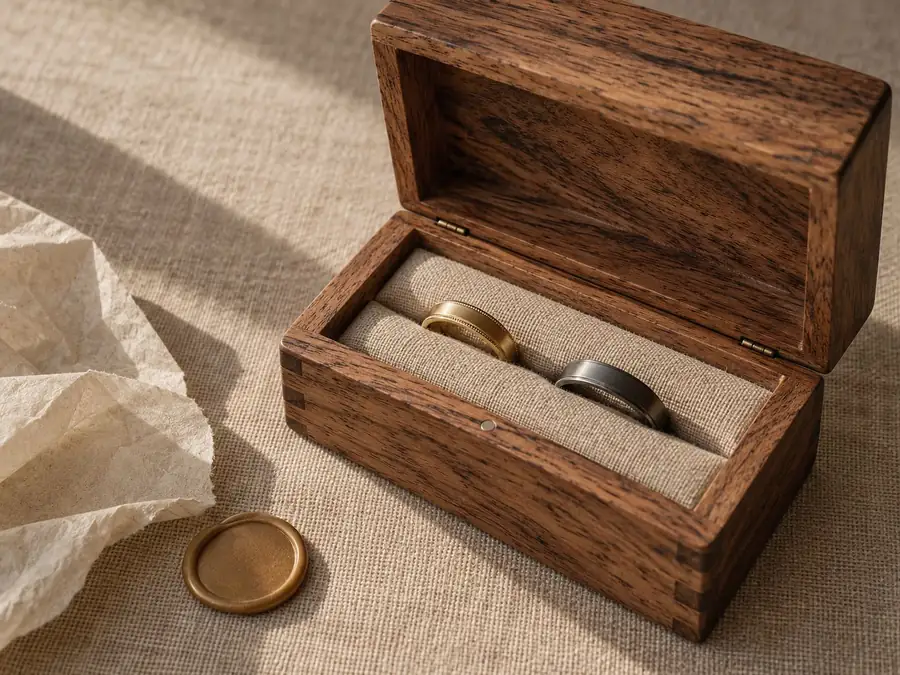 A hardwood ring box holding a gold band and a tungsten band