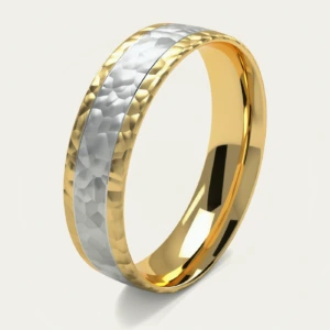 Hammered Yellow and White Gold Grooved Men's Wedding Ring