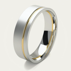 Brushed White and Yellow Gold Offset Groove Mens Wedding Ring