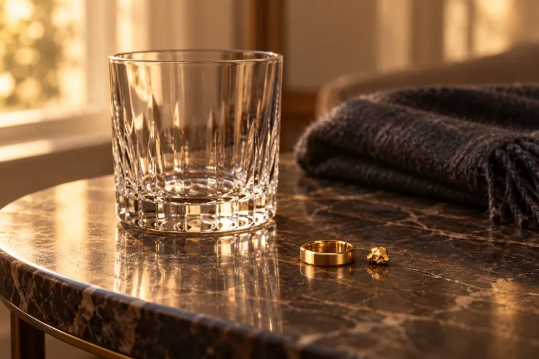 Flat polished yellow gold men's wedding ring on a marble table beside a crystal glass