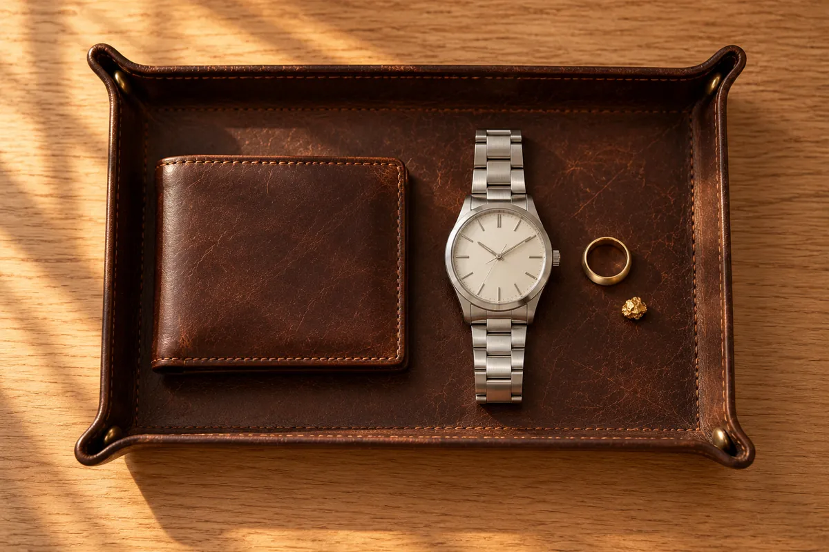Brushed yellow gold men's wedding ring in a leather valet tray with a wallet and watch