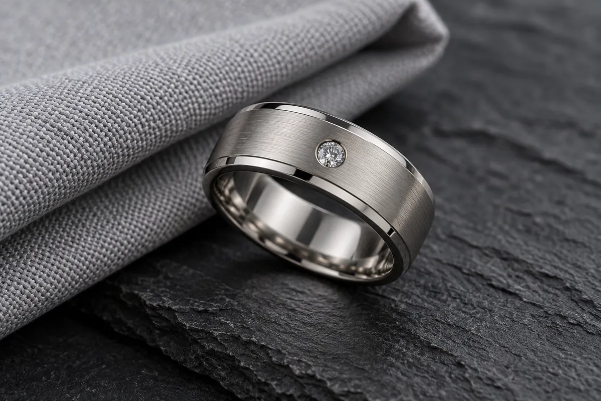 Men's platinum wedding band with a flush diamond on slate