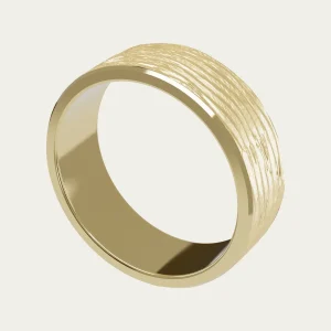 The Bark-Textured Yellow Gold mens Wedding Ring: 3D render, three-quarter view