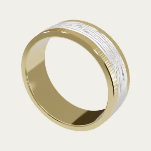 The Textured Tri-Colour Carved-Line mens Wedding Ring: 3D render, three-quarter view