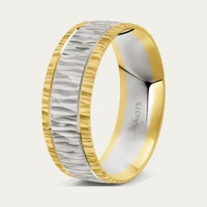 The Textured Tri-Colour Carved-Line Mens Wedding Ring, white and yellow gold The Textured Tri-Colour Carved-Line Mens Wedding Ring, white and yellow gold