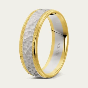 The Hammered and Polished Tri-Colour Mens Wedding Ring, white and yellow gold The Hammered and Polished Tri-Colour Mens Wedding Ring, white and yellow gold